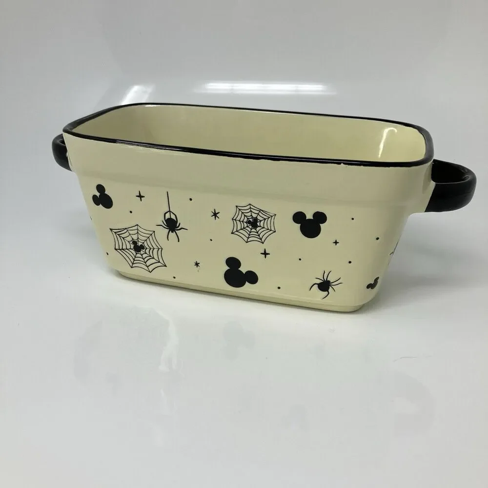 Disney Baking Dish Cream Ceramic Mickey Halloween Spider Web Meatloaf/Bread